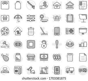 Editable thin line isolated vector icon set - vacuum cleaner vector, rake, trash bin, welcome mat, grater, plates, jar, chicken leg, document, university, crisis, percent growth, investment, scales