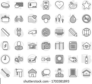 Editable thin line isolated vector icon set - truck shipping, clock, camera, speaker, pan, vegetable oil, shovel, drop, cook glove vector, mushroom, steak, pencil, ruler, glasses, manager, check