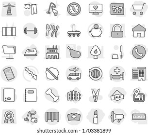 Editable thin line isolated vector icon set - cart, sale, megafon, lipstick, phone, medical hat vector, houses, factory, lock, bar code, hospital, transfer, inflatable mattress, iron, fence, orbit