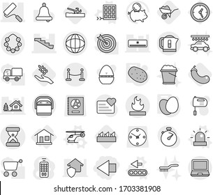 Editable thin line isolated vector icon set - left arrow, sand clock vector, stairs, repair, globe, flammable, vip fence, hawaiian wreath, home, helicopter, siren, conveyor, solar panel, eggs, brush