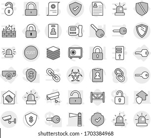 Editable thin line isolated vector icon set - biohazard vector, lighthouse, lock, unlock, customs, protected, surveillance, key, identity card, shield, locked, intercome, alarm, camera, siren, safe