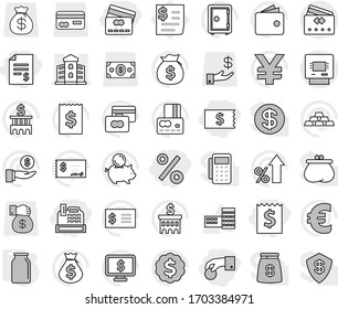 Editable thin line isolated vector icon set - hand coin, receipt, account balance, credit card, percent, cashbox, building, atm, bank, school vector, wallet, growth, money bag, piggy, investment