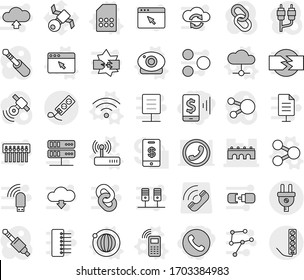 Editable thin line isolated vector icon set - mobile pay, phone, bridge, share vector, cloud, orbit, web camera, wireless, sim card, router, browser window, satellite, call, satellitie, social media