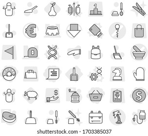 Editable thin line isolated vector icon set - dollar coin, remove from basket, shopping list, donut, mortar vector, sperm, measuring tape, stadium, palm, scoop, magnetic field, dna, edit, usb flash