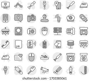 Editable thin line isolated vector icon set - mobile pay, location, air conditioning, remote control, intercome, vector, web camera, vr helmet, robot hand, kitchen scales, handle, blender, iron