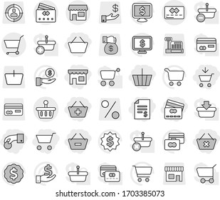 Editable thin line isolated vector icon set - cart, add to, basket, hand coin, account balance, remove from, delete, credit card, shop, vector, investment, dollar medal, monitor, target audience