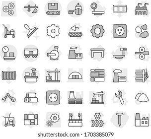 Editable thin line isolated vector icon set - nail, hangare, factory, port, customs control, warehouse scales, railroad shipping, transporter tape, power socket, table, vector, pipes, metal rolling