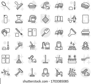 Editable thin line isolated vector icon set - washing, vacuum cleaner, filter vector, rag, scraper, trolley, mop, car fetlock, window cleaning, toilet brush, agent, shining, woman, sweeper, wiping