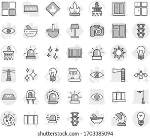 Editable thin line isolated vector icon set - lighthouse, window, outdoor light, traffic, alarm, taxi, sun, disco ball, camera, bulb, floor lamp, vector, led, ladle, siren, shining, clean, table