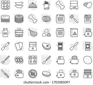 Editable thin line isolated vector icon set - toaster, spatula, big fork, knife, meat hammer, hob, plates, meal cap, pasta, chicken leg, pancakes, flour, vector, oven, double boiler, cereal, potato