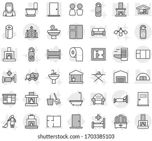 Editable Thin Line Isolated Vector Icon Set - Hospital Bed Vector, Hangare, Door, Plan, Hotel, Do Not Distrub, Bath, Wardrobe, Dresser, Crib, Fireplace, Toilet, Paper, Water Closet, Sink, Tap, Barn