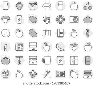 Editable thin line isolated vector icon set - apple vector, cocktail, cooler fan, fridge, cup, corkscrew, vegetable oil, potato, tomato, lemon, cherry, mushroom, corn, beet, strawberry, carrot, peas