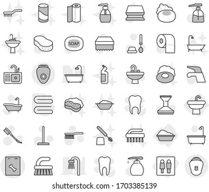 Editable thin line isolated vector icon set - wc, roentgen vector, sink, washing, towel, soap, water tap, fetlock, mop, sponge, car, bath, toilet brush, liquid, paper, with foam, basin, tooth