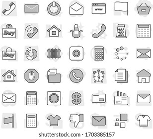 Editable thin line isolated vector icon set - remove from basket, phone, ring button, radiator, on off vector, envelope, grater, apron, calculator, flag, document, dollar, call, circle diagram, mail