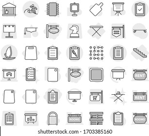 Editable thin line isolated vector icon set - clipboard, store signboard, shop, presentation, pen, check, surfer, windsurfing, iron board, cutting, stairs, chip vector, circuit, washboard, list