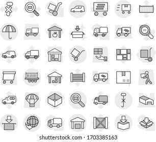 Editable thin line isolated vector icon set - box, delivery, cargo stoller, warehouse, truck shipping, car, trolley, dry, do not hook sign, package, search, fast deliver, sea container vector, wood