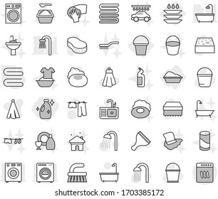 Editable thin line isolated vector icon set - cleanser, washing, bucket, plate, towel, soap vector, scraper, fetlock, sponge, bath, drying clothes, powder, shower, sink, dish, wiping, house cleaning