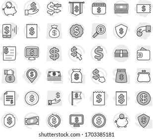 Editable thin line isolated vector icon set - hand coin, receipt, account balance, mobile pay, dollar pin, money, exchange vector, cash, piggy bank, investment, medal, flag, shield, calendar, cursor
