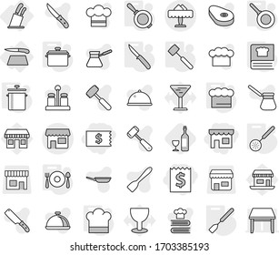 Editable thin line isolated vector icon set - receipt, shop, restaurant, cutting board, stands for knives, pan, cook hat, chief, skimmer, spatula, knife, meat hammer, cooking book, fork spoon plate