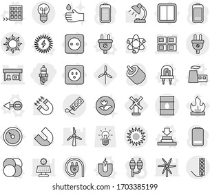 Editable thin line isolated vector icon set - spark plug, panel house, gas station, barrel, sun, barometer, power socket, switch, atom core vector, electron, magnet, led, factory, press, solar, bulb