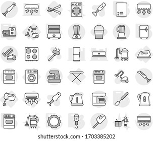 Editable thin line isolated vector icon set - air conditioning, iron, board, washing machine, mixer, vacuum cleaner, kitchen scales, handle, spatula, induction oven, double boiler, fridge, bucket