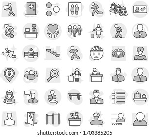 Editable thin line isolated vector icon set - wc, dollar pin, list, hospital vector, health care, stairs, client, customs control, tourist, check in, baggage checking, inspector, vr helmet, student