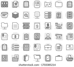 Editable thin line isolated vector icon set - receipt, atm, list, copybook, anamnesis vector, archive, slum, architector, clipboard check, documents, document, passport, case, certificate, exam