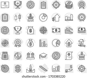 Editable thin line isolated vector icon set - dollar coin, medal, clipboard, stairs, rocket start vector, housing, graduate hat, award cup, certificate, graph, pie, japanese candle, money bag, cash