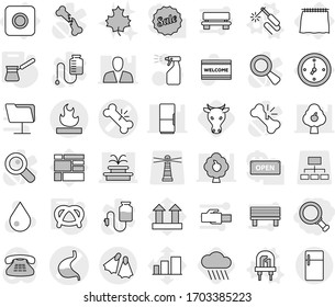 Editable thin line isolated vector icon set - magnifier, broken bone vector, stomach, fountain, flammable, flippers, watch, curtain, ring button, led, welding, turk, pretzel, rain cloud, cow, bench
