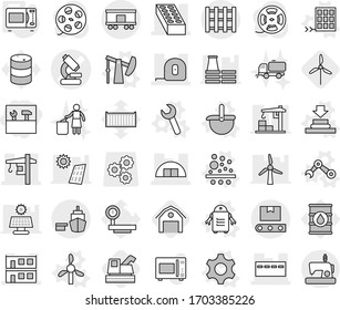 Editable thin line isolated vector icon set - tools, microscope vector, bunker, hangare, modular house, brick, measuring tape, tower crane, port, railroad shipping, transporter, pallet, gear, filter