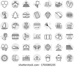 Editable thin line isolated vector icon set - market, barn, perishable, suitcase, bungalow, tent, lounger, sun, palm, pool, aquapark, flippers, golf, jet ski, hammock, inflatable mattress, table