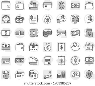 Editable thin line isolated vector icon set - money, credit card, account balance, receipt, cashbox, dollar coin vector, wallet, cash, bag, piggy bank, investment, stack, any currency, yen sign