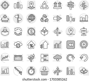 Editable thin line isolated vector icon set - signpost, geo pin, delivery, route, package, stopwatch, recycle vector, chart, recycling, graph, crisis, percent growth, dollar, target, top sign, arrow