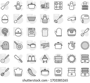 Editable thin line isolated vector icon set - bbq, pan, saute, colander, cook hat, apron, glove, egg timer, whisk, skimmer, big spoon, elecric oven, induction, double boiler, salt pepper, hot, knife