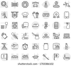 Editable thin line isolated vector icon set - project, modern architecture, bridge, architector, important flag, bus, departure, thermometer, vr helmet vector, car fetlock, sprayer, cleaning agent