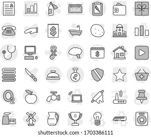 Editable thin line isolated vector icon set - gift, add to basket, stethoscope vector, brain, mansion, clipboard pen, chemical, service bell, home, bulb, factory, speed train, laptop wifi, computer