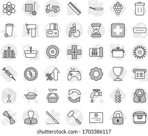 Editable thin line isolated vector icon set - cargo stoller, wineglass, medical cross vector, disability, sand clock, doctors hammer, client, scooter shipping, sun, hotel, life vest, locked, pan