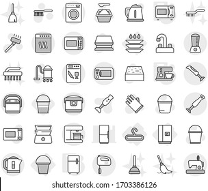 Editable thin line isolated vector icon set - hanger, fridge, bucket, plate washing, microwave oven, coffee maker, vacuum cleaner vector, fetlock, sponge, powder, rubber glove, water tap, broom