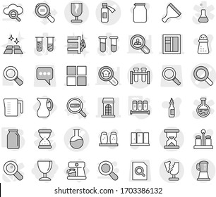 Editable thin line isolated vector icon set - wineglass, magnifier vector, test vial, flask, potion bottle, building, window, fragile, sand clock, broken, coffee maker, data search, spices, bank