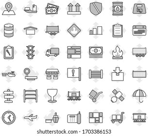 Editable thin line isolated vector icon set - signpost vector, map pin, Railway carriage, attention, office, plane, satellite, money, traffic light, phone, ship, truck trailer, sea container, clock