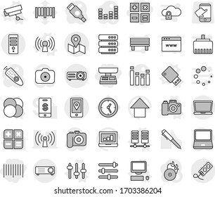 Editable thin line isolated vector icon set - market scales, bar code, calculator, mobile location, map, atom core vector, antenna, server, computer, surveillance camera, setup, usb flash, pen, hdmi