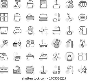 Editable thin line isolated vector icon set - cleanser, uv cream, soap vector, plunger, broom, water tap, vacuum cleaner, mop, scoop, bucket, clothespin, sponge, trash bin, shining, window cleaning
