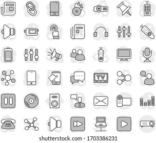 Editable thin line isolated vector icon set - speaker, share vector, remote control, projector, touch, disk, music hit, newspaper, settings, equalizer, tv, video camera, microphone, mobile phone