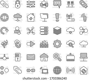 Editable thin line isolated vector icon set - smart house, share vector, laptop wifi, cloud, router, world, connect, network, server, notebook, disconnection, folder, glass, big data, gear, firewall