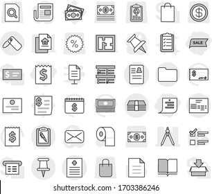 Editable thin line isolated vector icon set - receipt, shopping list, sale, recipe vector, anamnesis, drawing compasses, pin, money, clipboard pen, invoice, documents, label, toilet paper, book, bag