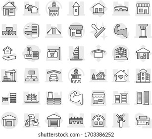 Editable thin line isolated vector icon set - store, tower, bridge, skyscrapers, skyscraper, airport, houses, modern architecture, building, block wall, district, pyramid, windmill, house, office