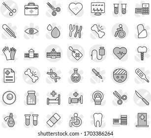 Editable thin line isolated vector icon set - bandaged head vector, medical label, broken bone, hospital, dropper, scalpel, surgical clamp, invalid, gloves, school building, heart pulse, doctor bag