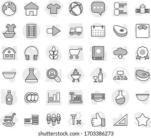 Editable thin line isolated vector icon set - t shirt, flask vector, pills blister, house, sms, earth, bbq, rocking chair, no signal, steake, ketchup, wine, plates, handle washing, colander, steak