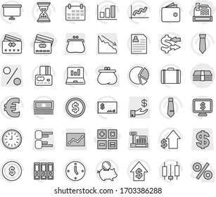 Editable thin line isolated vector icon set - credit card, cashbox, calculator, money, exchange vector, dollar coin, graph, pie, japanese candle, laptop, wallet, cash, piggy bank, case, growth, sand