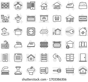 Editable thin line isolated vector icon set - houses, building, skyscraper, door, presentation, brick wall, smart house, architector, bungalow, key, home, sink, power socket, chest of drawers, car